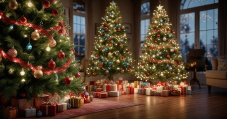 Glittering ornaments and festive lights wrapped around a beautifully decorated Christmas tree , christmas, holiday, glitter