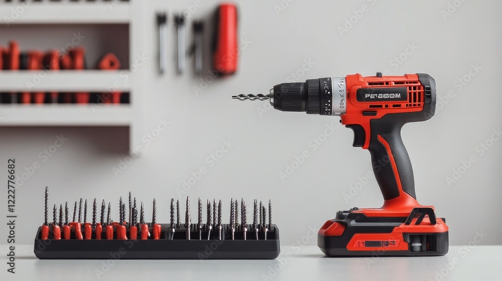 Poster a professional cordless electric drill neatly arranged on a white table with assorted screws and a b
