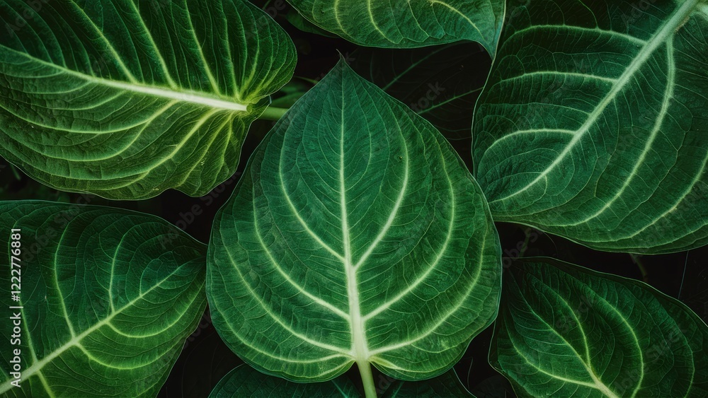 Poster detailed close-up of deep green leaves with intricate white veins arranged in a layered pattern on a