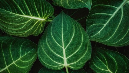 Detailed close-up of deep green leaves with intricate white veins arranged in a layered pattern on a dark background emphasizing texture and color.