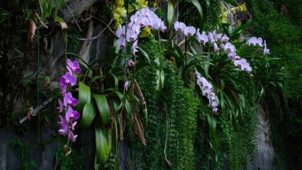 Colorful orchid flowers climbing a textured stone wall with lush green foliage creating a vibrant, natural atmosphere in soft evening light.