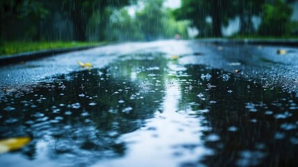 Fototapeta premium A puddle during heavy rain, reflecting the outlines of trees above