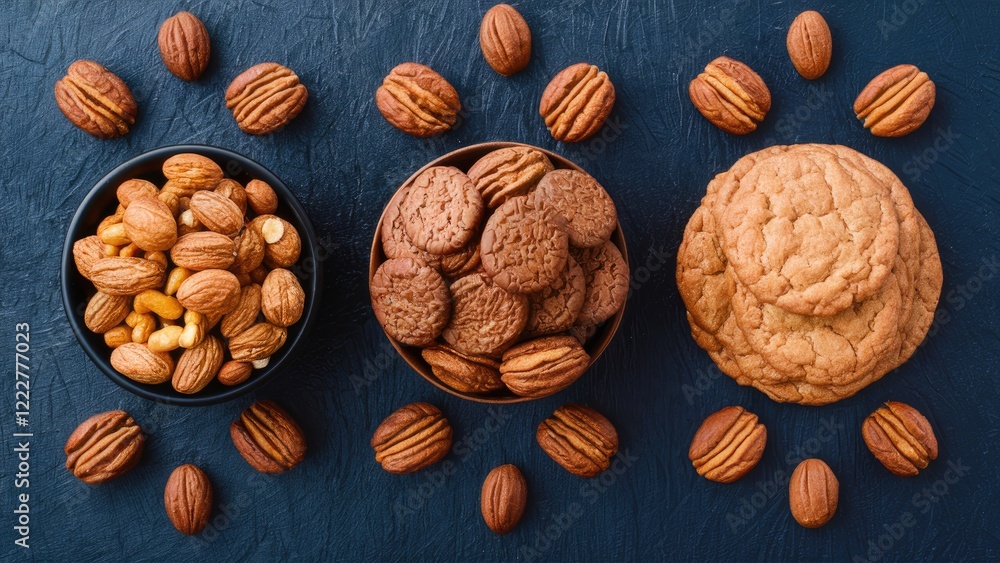 Poster aromatic cookies and assorted nuts arranged in two bowls with pecans scattered around on a textured 