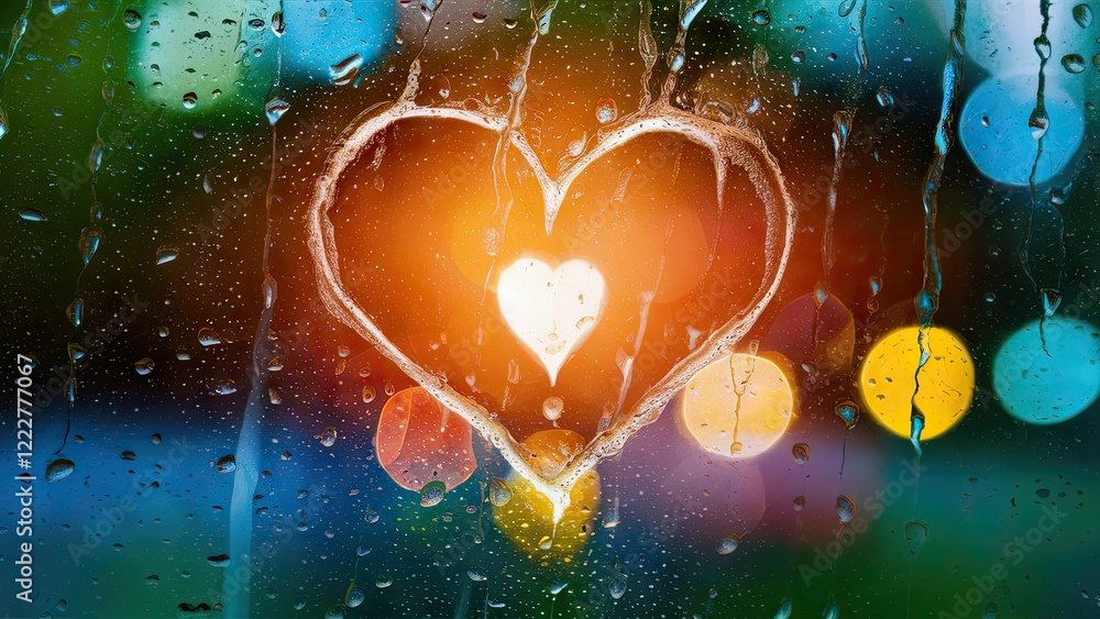 Poster vibrant heart shape illuminated through rain-soaked glass featuring colorful bokeh effects with drop