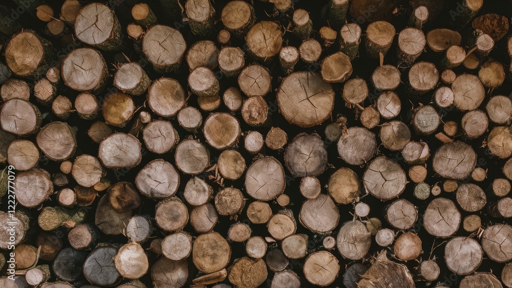 Poster top view of a neatly arranged stack of dried logs in varying shades of brown showcasing circular cro
