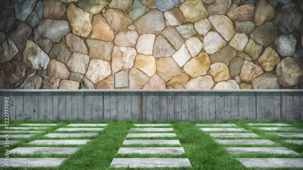 Poster concrete barrier with stone texture and grassy platform creating a spacious area for text overlay ag