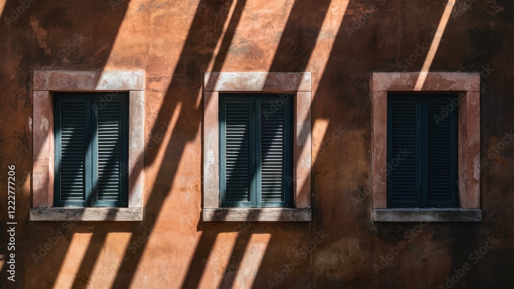 Poster captivating aged wall with three dark green shuttered windows illuminated by diagonal shadows creati