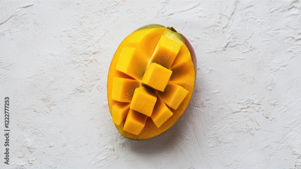 Poster mango fruit cut into cubes showcasing vibrant yellow color on a textured white background with subtl