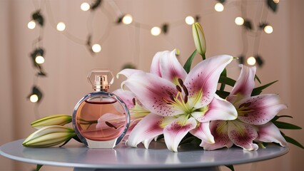Elegant perfume bottle resting near exquisite pink lily flowers on a round table, enhanced by a soft beige backdrop with blurred fairy lights.