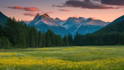 Romantic summer landscape depicting majestic mountains in the background with lush green fields and yellow flowers in the foreground at sunset.