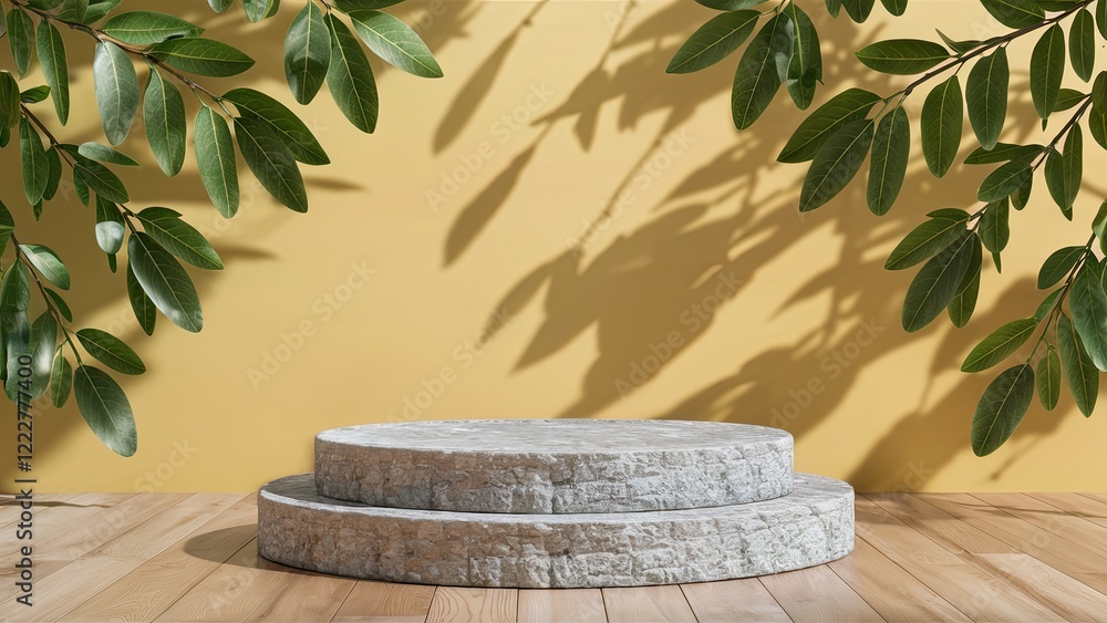 Poster elegant circular stone platforms surrounded by green leaves against a warm yellow background, creati