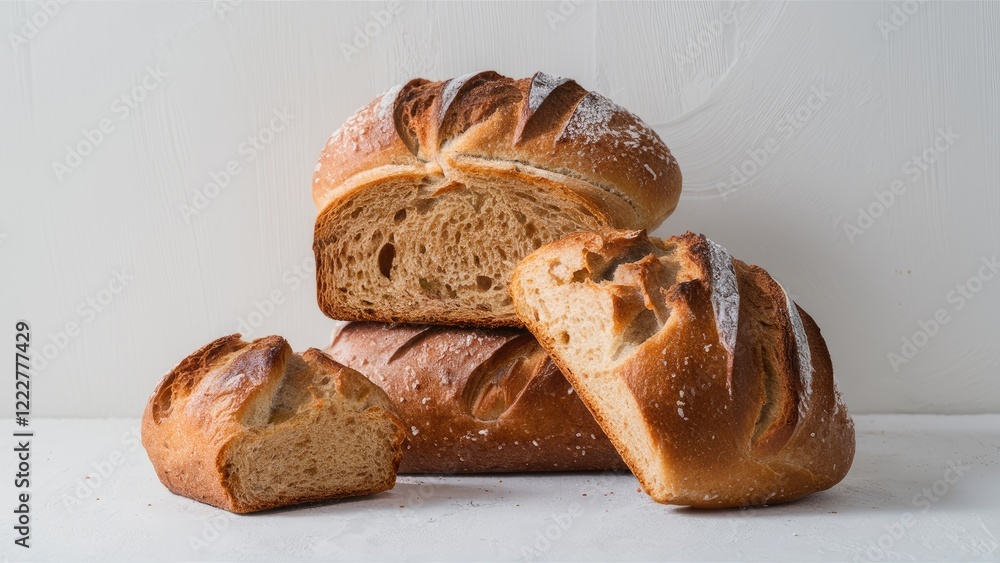 Poster freshly sliced artisanal bread arranged on a clean white background with soft shadows highlighting t