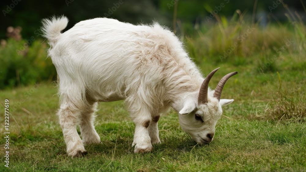 Poster fluffy white pygmy goat grazing on green grass in a lush meadow with soft background greenery and na