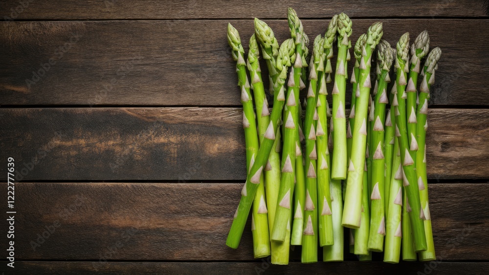 Poster fresh green asparagus neatly lined on a rustic wooden table with ample space on the left for text ag