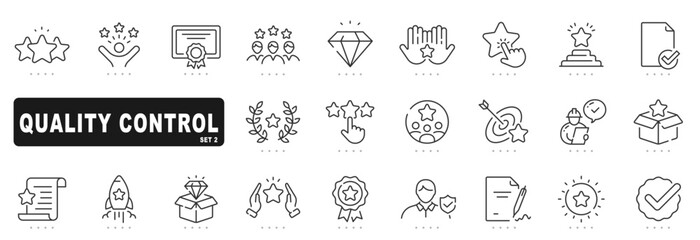 Set of quality control related line icons. Check, review, approve, checkmark, star etc. Set 2