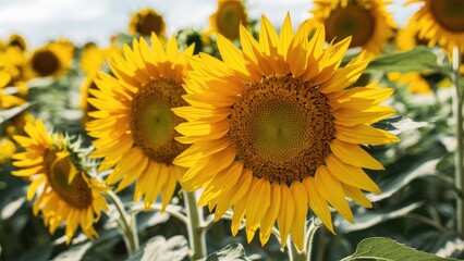Vibrant sunflowers in full bloom under a clear blue sky, showcasing bright yellow petals and green foliage in a sunny field setting.