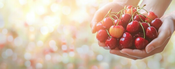 Freshly picked cherries in hands with sunlit background