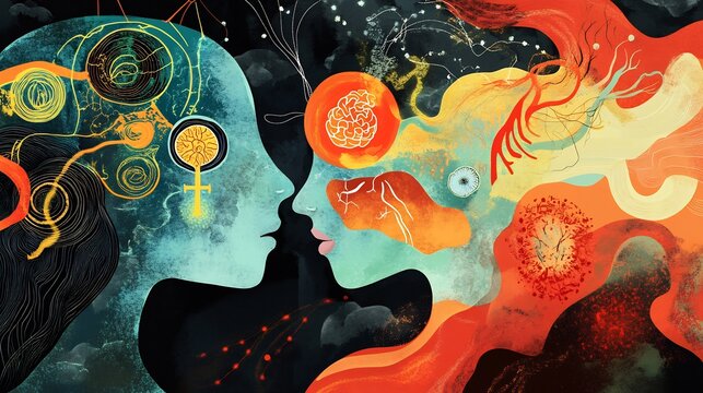 Conceptual visualization of psychodynamic theories illustrating unconscious symbolism and emotional cycles