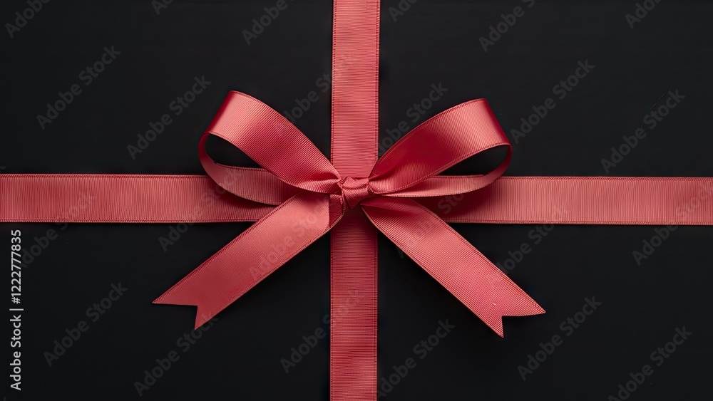Poster elegant red ribbon bow centered on a black background with diagonal ribbon lines creating a gift-wra
