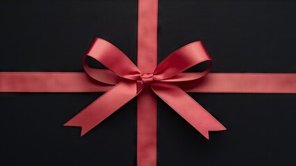 Elegant red ribbon bow centered on a black background with diagonal ribbon lines creating a gift-wrapped effect for festive presentations.