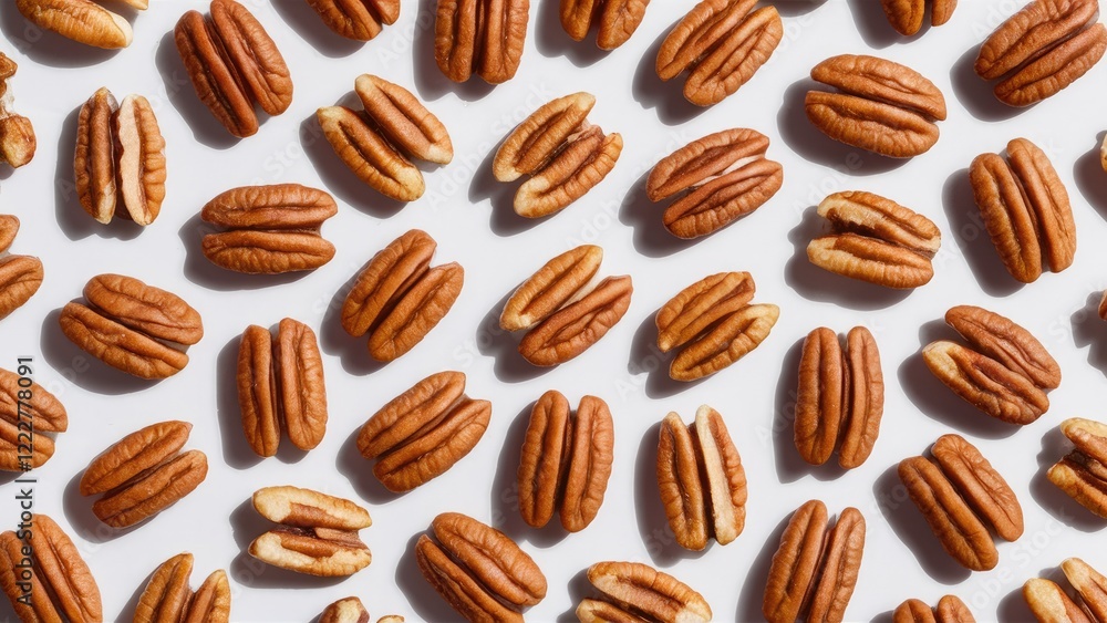 Poster pecan nut kernels arranged in a scattered pattern on a white background showcasing their rich brown 