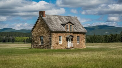 Historic stone house with a weathered roof standing in a lush green field, surrounded by rolling hills under a partly cloudy blue sky.