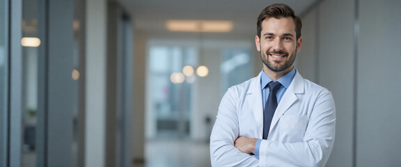Portrait of a Confident Male Doctor in a White Coat Smiling in a Modern Medical Office