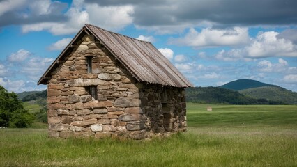 Historic stone building in a green pasture under a blue sky with scattered clouds, surrounded by hills in a tranquil provincial landscape.
