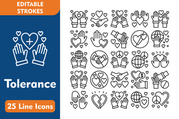Naklejka premium Tolerance Line Editable Icons set. Vector illustration in thin line modern style related icons:charity, holding hands, relationship, healthcare, hands up, hand heart, enlightenment, support, 