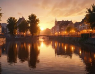 Fototapeta premium Golden hour on Strasbourg river with misty atmosphere, peaceful, atmosphere, serene