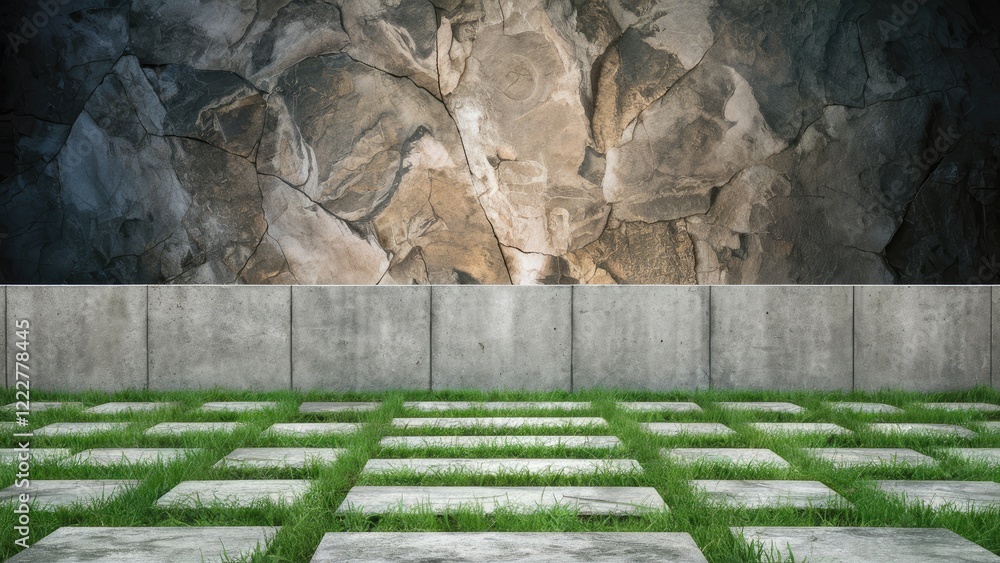 Poster textured stone and grass platform with concrete barrier in foreground and abstract rock background f