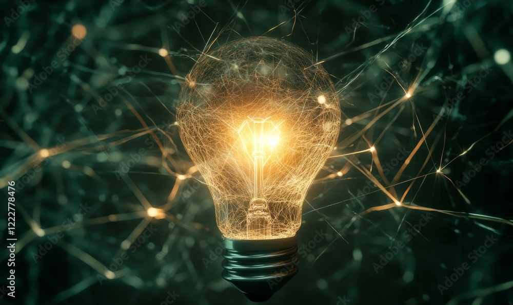 Poster glowing light bulb is surrounded by a web of lines. the bulb is lit up and the lines are glowing as 