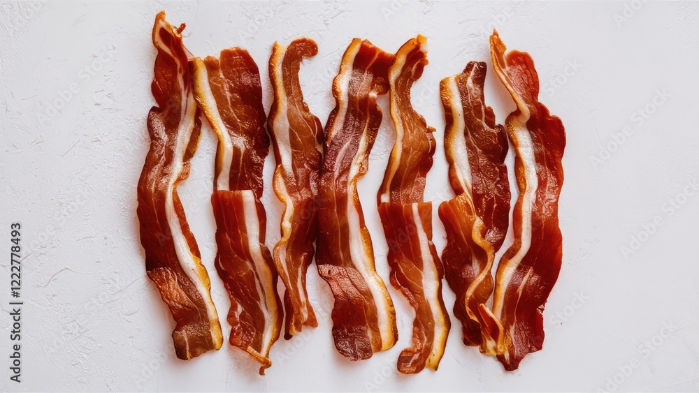 Poster sliced crispy bacon strips arranged on a clean white background showcasing rich reddish-brown tones 