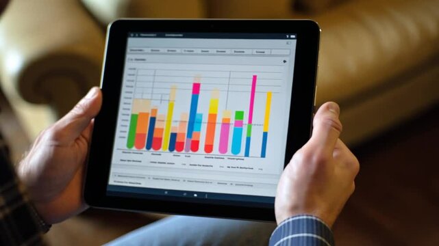 Person analyzing colorful data charts on a tablet while seated in a cozy living room setting