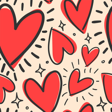 Cute doodled valentines day love themed seamless repeat pattern. Random placed, vector icons like hearts, stars, wording, arrows, flowers, rainbows, lips. Cartoon all over print on pink background.