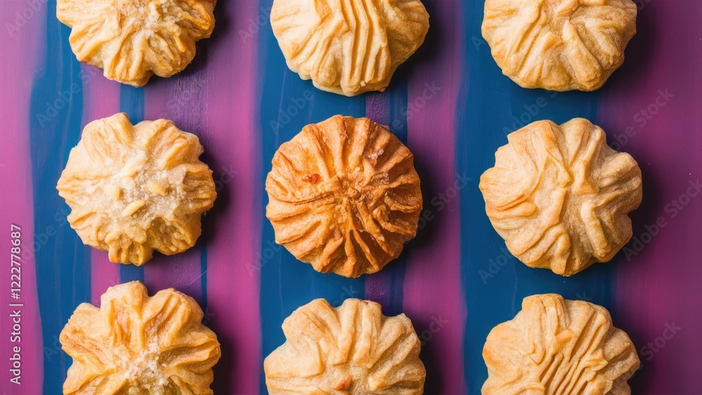 Poster delicious puff pastry cookies arranged in two rows on a vibrant pink and blue striped backdrop creat