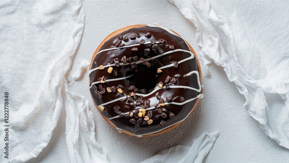 Poster chocolate donut topped with drizzled white icing and colorful sprinkles, centered on a white surface