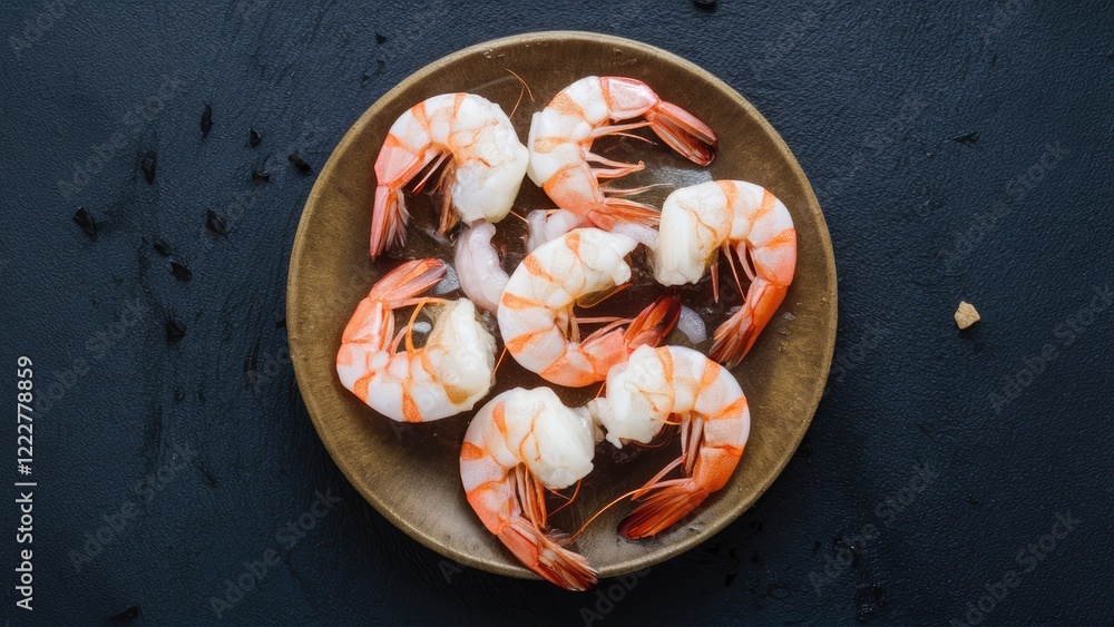 Poster raw shrimp arranged in a circular pattern on a rustic brown plate against a textured dark background