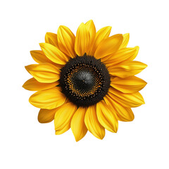 Fototapeta premium Bright yellow sunflower with detailed petals and a dark central disc, isolated on a transparent background. Perfect for floral designs, summer, and nature themes.