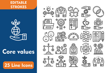 Fototapeta premium Core values Line Editable Icons set. Vector illustration in thin line modern style related icons:quality control, optimism, efficiency, justice scale, competition, target, environment, loyalty, 