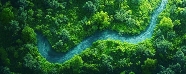 Lush green forest with meandering river: aerial view of verdant landscape
