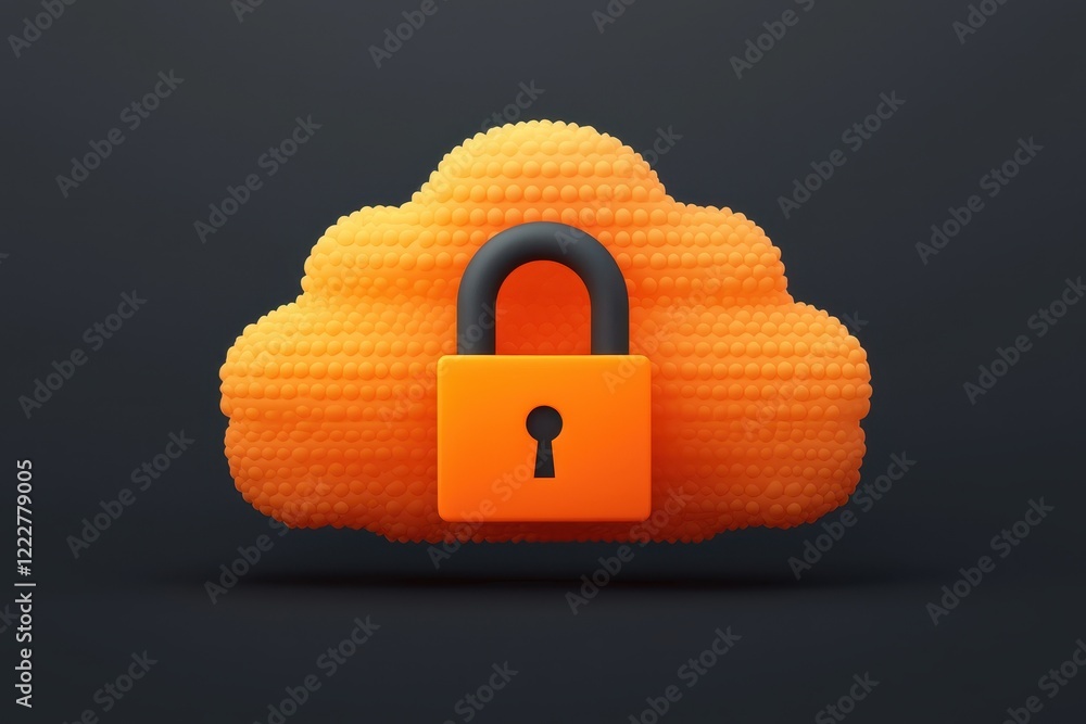 Poster secure cloud data protection orange cloud icon with padlock 3d render