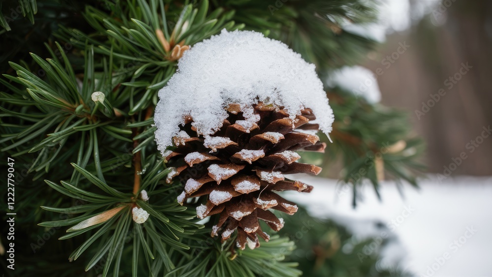 Poster snow-covered pine cone resting on green tree branches with a soft layer of white snow on top surroun