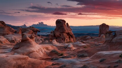 Fototapeta premium Dramatic desert landscape featuring large rock formations in warm earth tones under a vibrant sunset with soft clouds in the background.