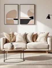 Wall poster frame mockup in Japandi interior. Modern living room design with blank wall. Minimalist home decor and 3D render 