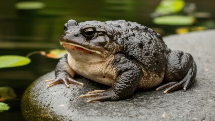 Fototapeta premium Plump dark-skinned toad with toxic spots rests on a smooth gray stone beside a tranquil pond adorned with floating green leaves.
