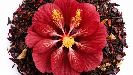 Vibrant red hibiscus flower at center surrounded by dried tea leaves on a white background, viewed from above for detailed display of texture and color.