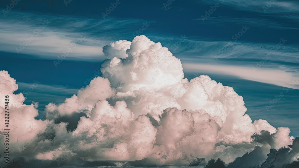 Aufkleber fluffy white clouds in varying sizes float against a deep blue sky with wispy lighter streaks, creat