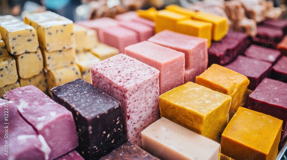 Poster colorful array of handcrafted soaps displayed at a vibrant market stall with blurred background acti