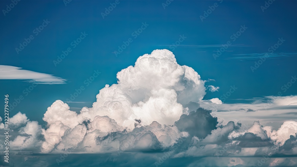 Poster fluffy white cumulus clouds billow majestically against a vibrant blue sky creating a serene and tra